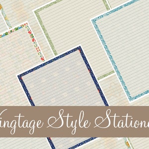 May include: Assortment of lined stationery sheets with decorative borders in various floral and geometric patterns. The sheets are cream-colored with gray lines. The text "Vintgage Style Stationery" is displayed on a brown banner.