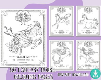 50 page fantasy horse digital coloring book - unicorn coloring book - fantasy digital coloring book - adult coloring book