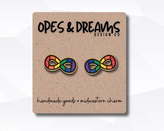 Hand-Painted Rainbow Infinity Symbol Wood Stud Earrings for Autism & Neurodiversity Awareness and Acceptance