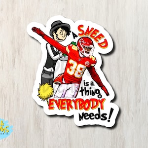 Może przedstawiać: Czerwono-biała koszulka piłkarska z numerem 38. Na koszulce widnieje napis "SNEED is a thing EVERYBODY Needs!" Postać z kreskówki trzyma koszulkę.