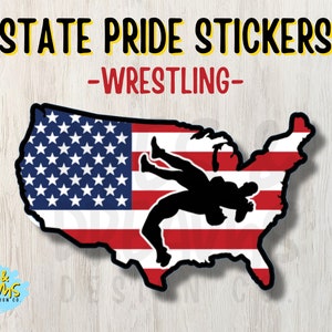 May include: A sticker featuring a silhouette of two wrestlers in a hold, superimposed on an outline of the United States of America with red and white stripes and blue stars. The text "STATE PRIDE STICKERS -WRESTLING- " is above the image.