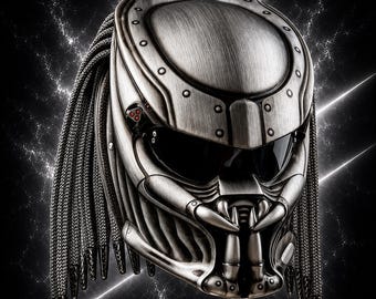 May include: A metallic silver full-face helmet featuring a textured, brushed finish with a dark visor, prominent facial plating, and numerous long, thin, braided cord-like appendages extending from the back and sides of the helmet structure.