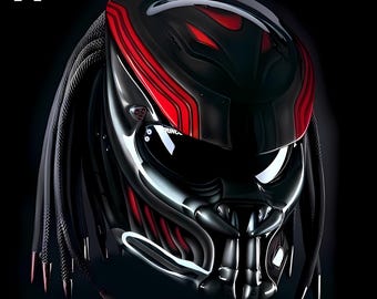 New Custom Predator Motorcycle Helmet Red Graphic (Dot & Ece Approved)