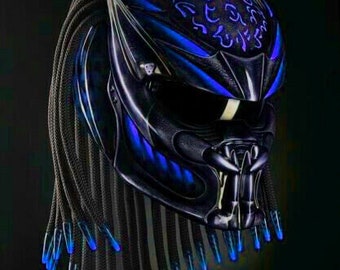 Custom Predator Motorcycle Helmet Had-Painted Fire Blue (Dot & Ece Approved)