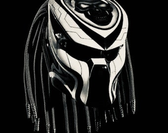 Custom Predator Motorcycle Helmet Had-Painted White Line Skull (Dot & Ece Approved)