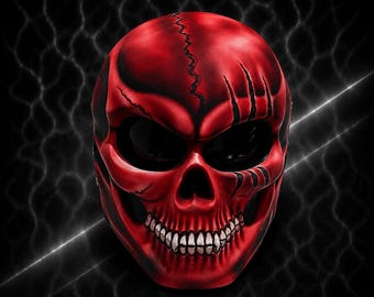 May include: A full-face motorcycle helmet featuring a vibrant red skull design with black shading, a jagged crack running down the center of the forehead, and deep claw marks on the side. The helmet includes dark eye sockets and white teeth.