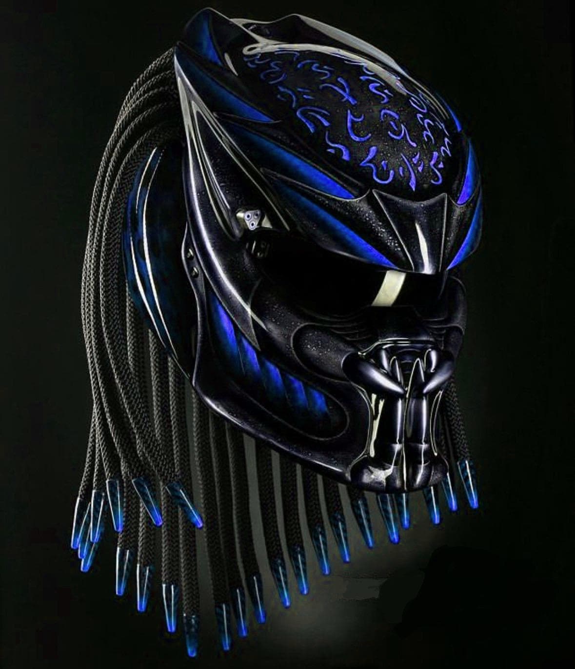 black motorcycle helmet blue lights Custom Predator Motorcycle Helmet Had-painted Fire Blue (dot & Ece  Approved)