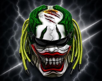 Handmade Predator Motorcycle Helmet: Joker Airbrush, Green Hair (DOT & ECE Approved)