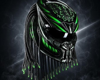 Custom Predator Motorcycle Helmet Had-Painted Fire Green (Dot & Ece Approved)
