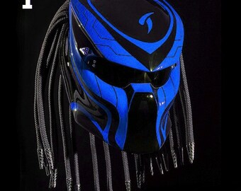 Custom Predator Motorcycle Helmet Had-Painted Blue Line (Dot & Ece Approved)