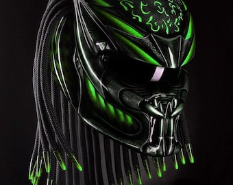 Custom Predator Motorcycle Helmet Had-Painted Fire Green (Dot & Ece Approved)