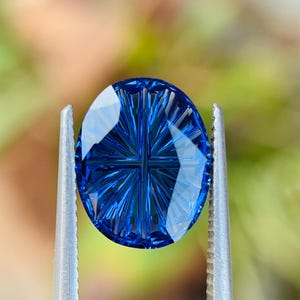 Könnte beinhalten: Ein facettierter, ovalförmiger, tiefblauer Edelstein, der von einer silbernen Pinzette gehalten wird. Der Edelstein hat ein kreuzförmiges Design in der Mitte, mit sich ausbreitenden Linien. Der Hintergrund ist ein weicher, verschwommener Grün- und Braunton.