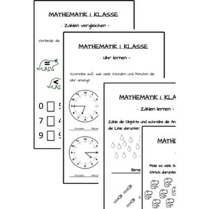 Puede incluir: Hojas de trabajo en blanco y negro para matemáticas de primer grado. Las hojas de trabajo incluyen actividades para comparar números, aprender a decir la hora y contar objetos.