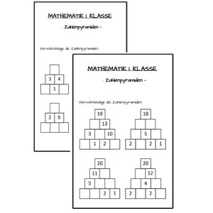 10 worksheets for 1st grade mathematics, theme of number pyramids