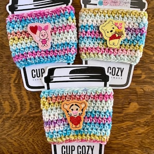 Pooh Bear and Friends Piglet Tigger Reusable Coffee Cup Cozy Crochet Ready to Ship!