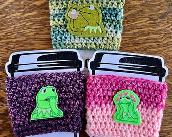Kermit Sipping Tea Meme Crochet Cup Cozy - Handmade Reusable Coffee Sleeve
