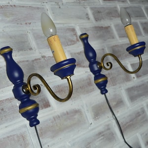Vintage Wood Wall Sconce Navy Blue Gold French Country Farmhouse Wall Light Fixture Double Arm Candle Style Rustic Lighting Home Decor gift