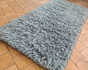 Vintage Rya Rug - Blue Scandinavian High Pile Wool, Perfect Vintage Décor Accent, unique cool cozy handmade rugs from bedroom or living room