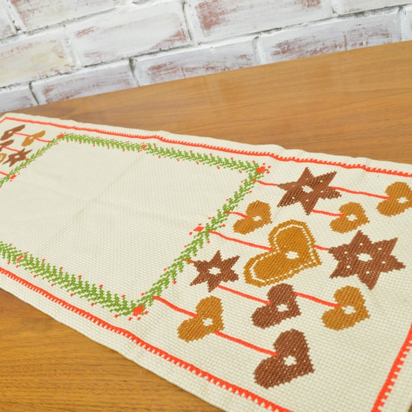 Vintage cross-stitch Christmas motive table runner, Swedish retro vintage table cloth, Handmade Swedish table linen,Embroidered Table runner