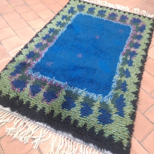 Vintage rya rug, Geometric Scandinavian Mid Century Modern Swedish handmade wool rug