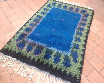 Vintage rya rug, Geometric Scandinavian Mid Century Modern Swedish handmade wool rug