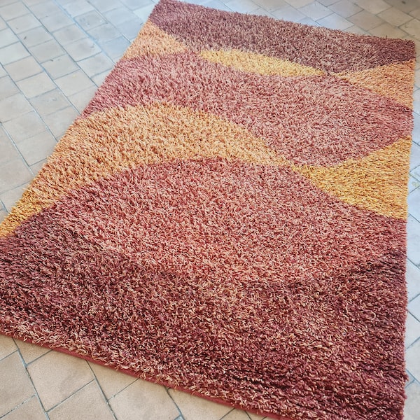 Tapis en laine rétro cool : tapis de chambre à coucher à poils longs avec Rya scandinave et motifs géométriques, tapis de zone vintage suédois, cadeau de décoration intérieure