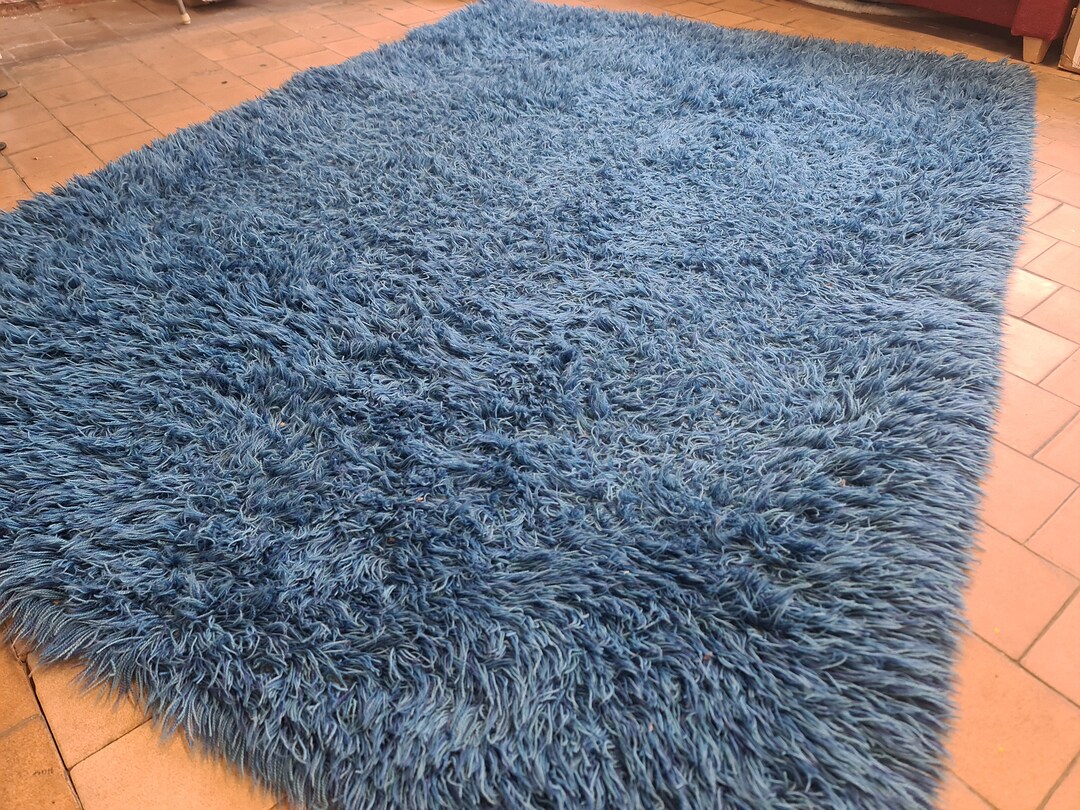 Blue Scandinavian Soft High Pile Rug, Minimalist Vintage Wool Rya Rug