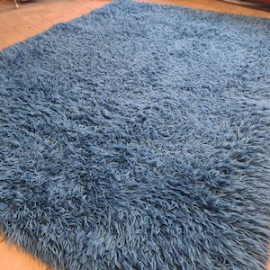Blue Scandinavian soft high pile rug, Minimalist vintage wool rya rug, Vintage Scandinavian Rya Rug, Vintage wool rya rug, Vintage rugs