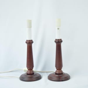 Pair of Vintage Vigan Wooden Table Lamps, Mid-Century Modern Dark Wood Lamp Bases, Classic Lighting Fixtures with White Sockets Set of Two