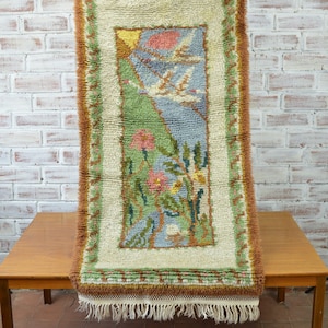 Scandinavian Art Rug, swans sun flowers themed handmade home decor area rug, cute art antique wool Rya Rug from Sweden