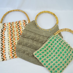 Vintage Crochet Shopper Bag with Bamboo Handle - Boho Chic Style Macrame Bag gift for her, hippie 70s woven handbag