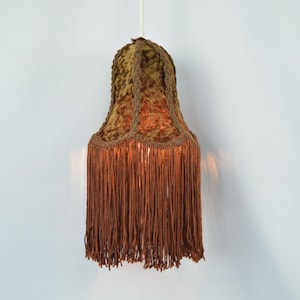 Vintage Fringed Lamp, Brown Velvet Lighting, 70s window Decor Pendant Lamp Bohemian Hanging Lamp, Unique Design Lamp, Retro Lighting Fixture