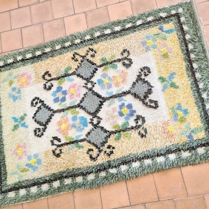 Vintage wool Handwoven Floor Rug, Scandinavian Vintage Rya Rug, Swedish Vintage Wool Rug, handmade wool rya rug, rugs for bedroom hand woven