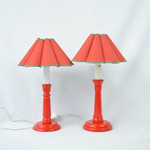 Pair of Vintage Vigan Wooden Table Lamps with Red Bases and Removable Plastic Shades, Mid-Century Modern Lighting Set gift for her home