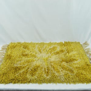 Vintage Scandinavian Long Pile Rya Rug - Bright Yellow Wool Handwoven Area Rug, Mid-Century Style, Cozy Boho Decor, Unique Home Accent