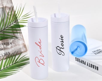 Customized Bridesmaid Tumbler, Personalized Skinny Cup with Lid, Wedding Party Gift, Reusable Water Glass, Beach Vacation Essential