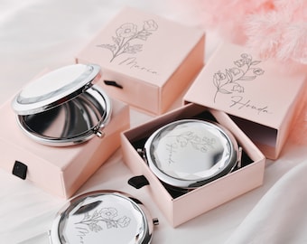 Custom Floral Crystal Compact Mirror - Personalized Bridesmaid Gifts - Unique Bridal Shower Gifts for Women