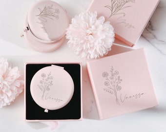 Pink Wedding Keepsake - Custom Pocket Vanity Mirror - Bridesmaid Personalized Compact Mirror - Elegant Bridal Party Favor Ideas