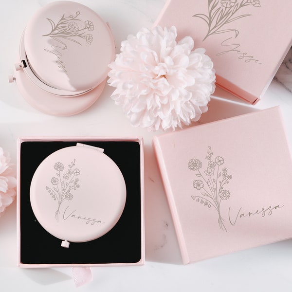 Pink Wedding Keepsake - Custom Pocket Vanity Mirror - Bridesmaid Personalized Compact Mirror - Elegant Bridal Party Favor Ideas