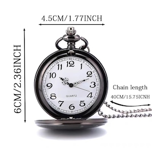 May include: A black pocket watch with a white face and black Roman numeral hour markers. The watch has a chain attached to it. The watch is 2.36 inches tall and 1.77 inches wide. The chain is 15.75 inches long.