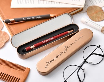 Engraved Rose Gold Pen Set, Personalized Pen Gift for Women, Customized Luxury Ballpoint Pens with Soft-Touch Finish and Gift Box