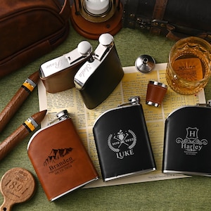 Personalized PU leather engraved crooked spout flask - Customize with name/initials, a gift for best man and boyfriend.