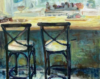 giclée art print on canvas rolled in tube | kitchen with sunny window and table chairs | original acrylic painting print