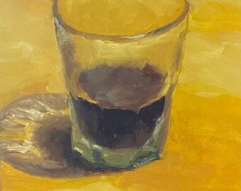 giclée art print on canvas rolled in tube | painting giclée art print boutique frame | minimalist coffee cup | close-up oil painting