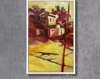 giclée art print on canvas rolled in tube | red yellow romantic dreamscape | abstract house | modern Oil painting reproduction