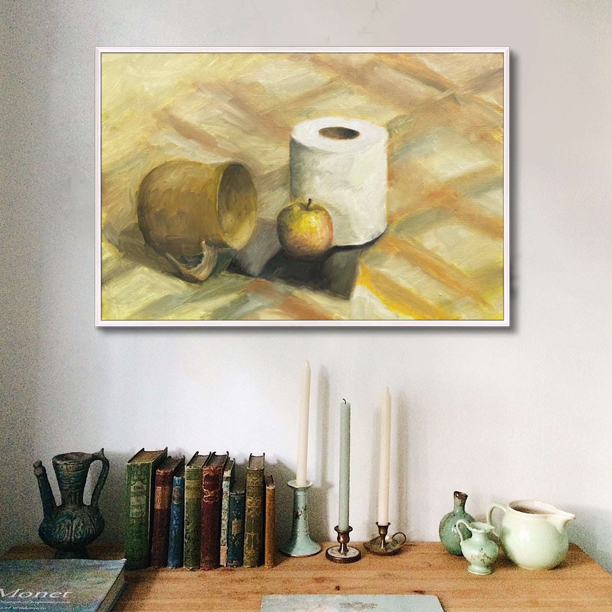 giclée art print on canvas rolled in tube | still life with mug, apple and paper roll | oil painting print