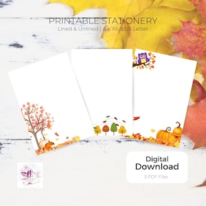 Papel para escribir cartas de otoño, descarga digital, papelería y papel para notas imprimibles, tamaño A4, tamaño A5, papel para escribir y llevar un diario, con rayas y sin rayas