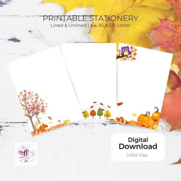 Autumn Letter Writing Paper, Digital Download, Printable Stationery & Note Paper, A4, A5, Letter, Lined Unlined Writing and Journaling Paper