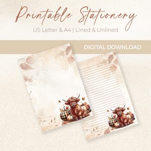 Pode incluir: Papelaria imprimível com um design em aquarela de uma vaca das Terras Altas, abóboras e folhas de outono. Disponível nos tamanhos US Letter e A4, com e sem linhas. As palavras "Download digital" também são visíveis.