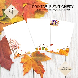 Papel para escribir cartas de otoño, descarga digital, papelería imprimible, tamaño A4, A5, carta, papel rayado y sin rayar para escribir y llevar un diario.
